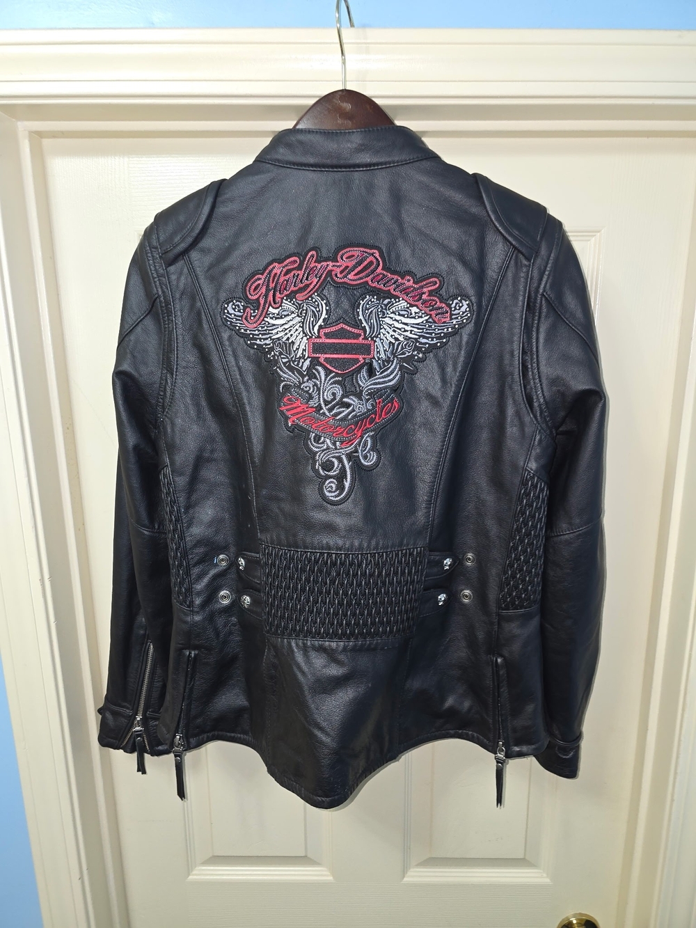 Harley-Davidson Black Leather Jacket with Pink Embroidered Back